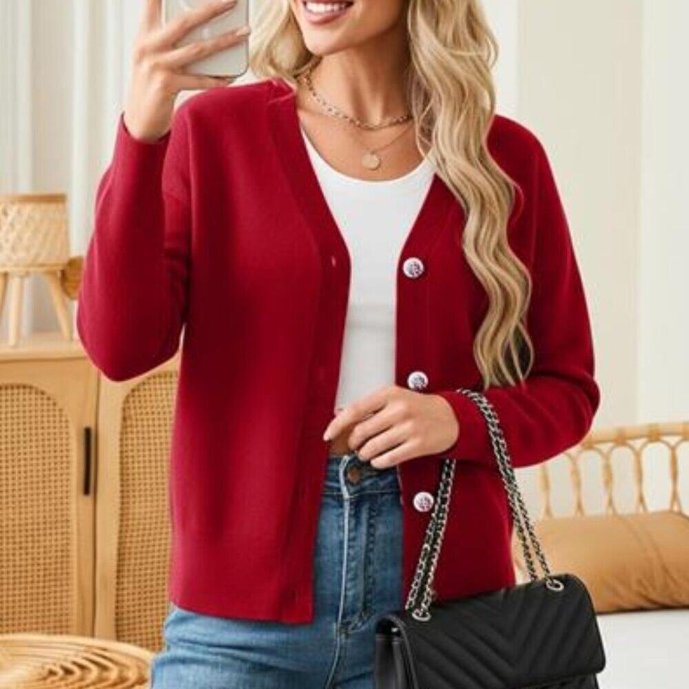 Women's red V Neck Long Sleeve Open Front Chunky Cardigan Fall Knitted